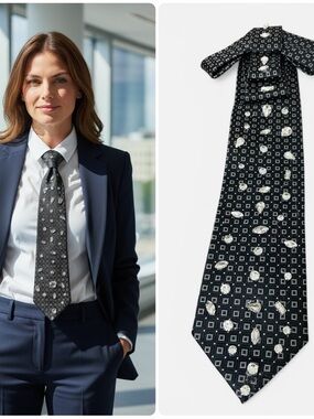 Upcycle vintage custom Embellished Black Geometric Silk Tie